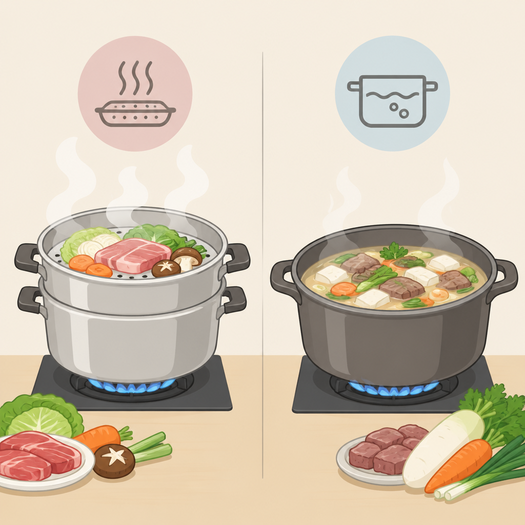 AI 생성 설명 이미지: 안산일동고기집 유니드정육식당 | 찜과 탕, 액체를 쓰는 조리 방식의 차이